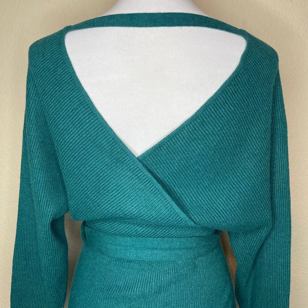 ZESICA Teal Ribbed Wrap Sweater Dress V-Neck Tie Waist Size S